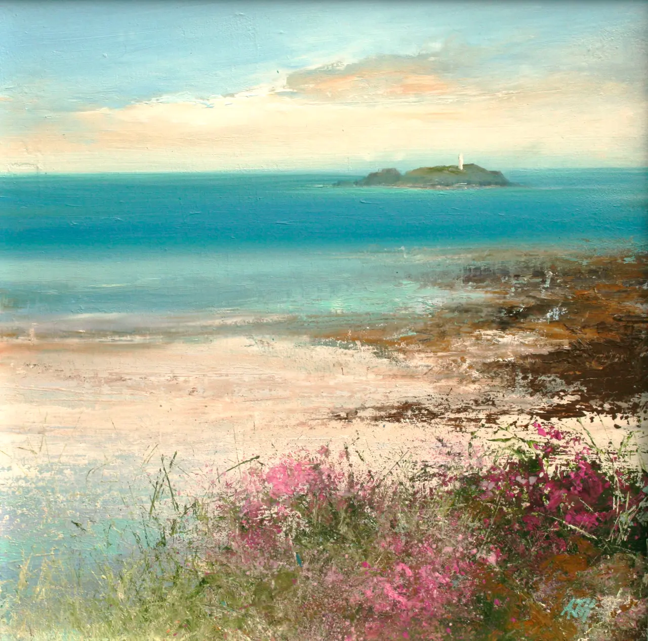 Amanda Hoskin - sea pinks at godrevy lighthouse, cornwall
